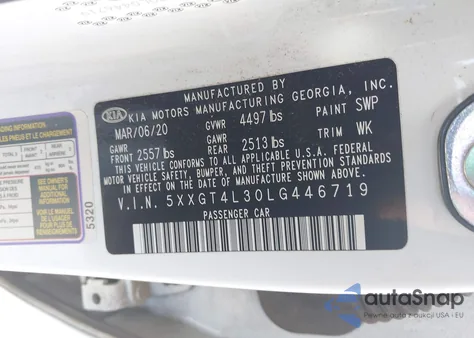 2020 Kia Optima Se из США, поврежденный, VIN 5XXGT4L30LG446719